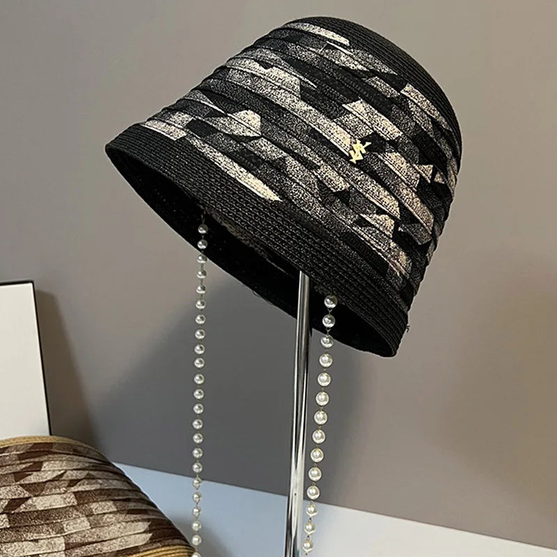 Luxury Pearl Chain Straw Bucket Hat