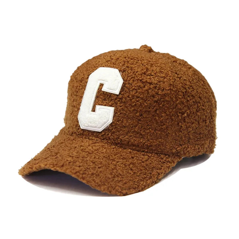 Lambswool Warm Autumn Winter Letter C Embroidery Baseball Cap