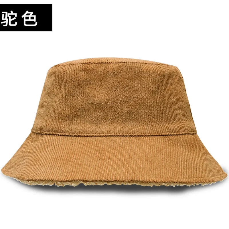 Double-Sided Corduroy Fur Winter Bucket Hat Unisex Warm Fisherman Cap