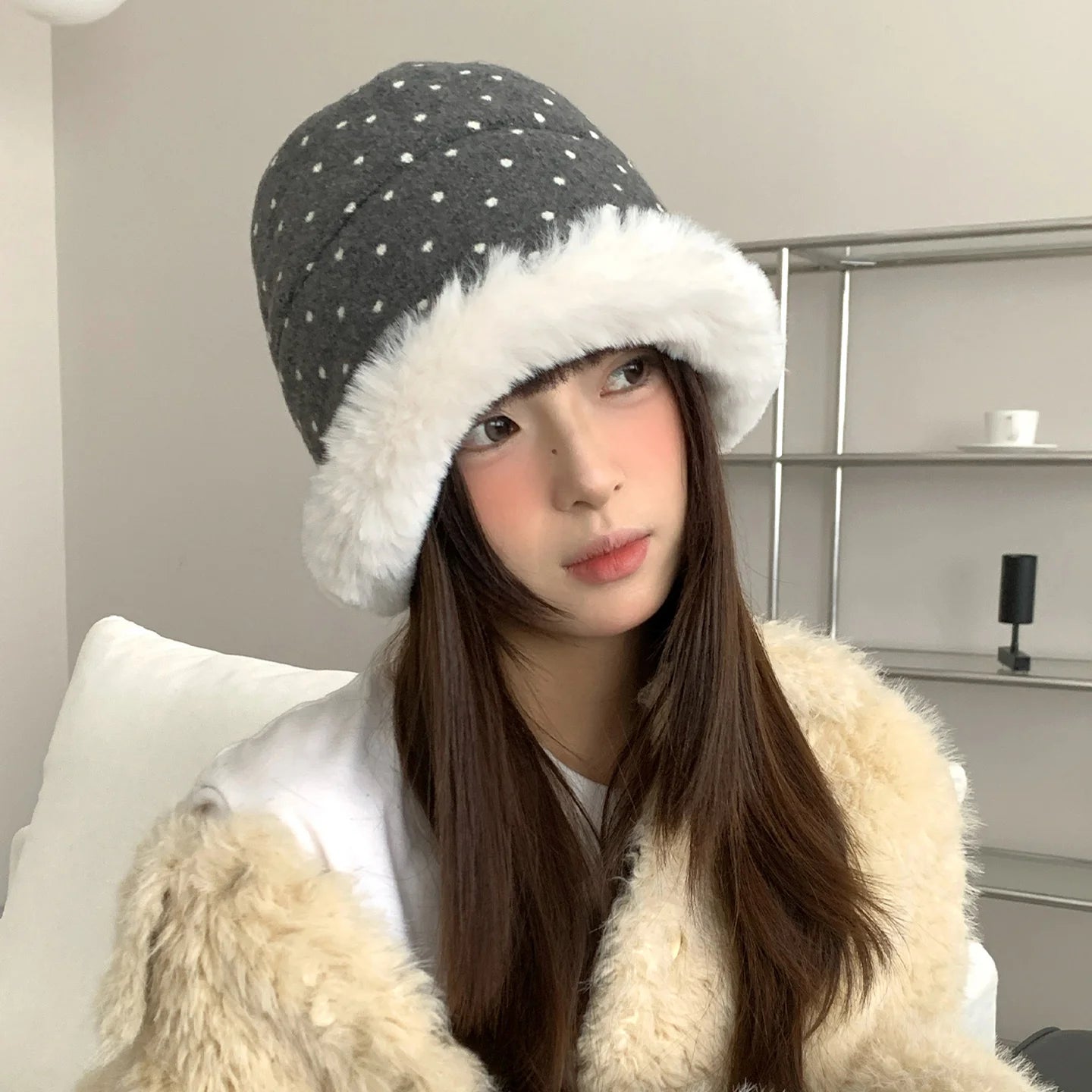 Winter Polka Dot Plush Bucket Hat