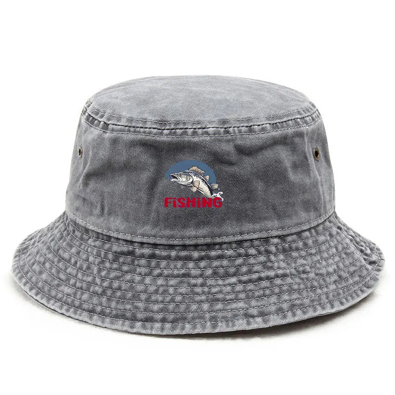 Vintage Washed Fish Logo Summer Bucket Hat