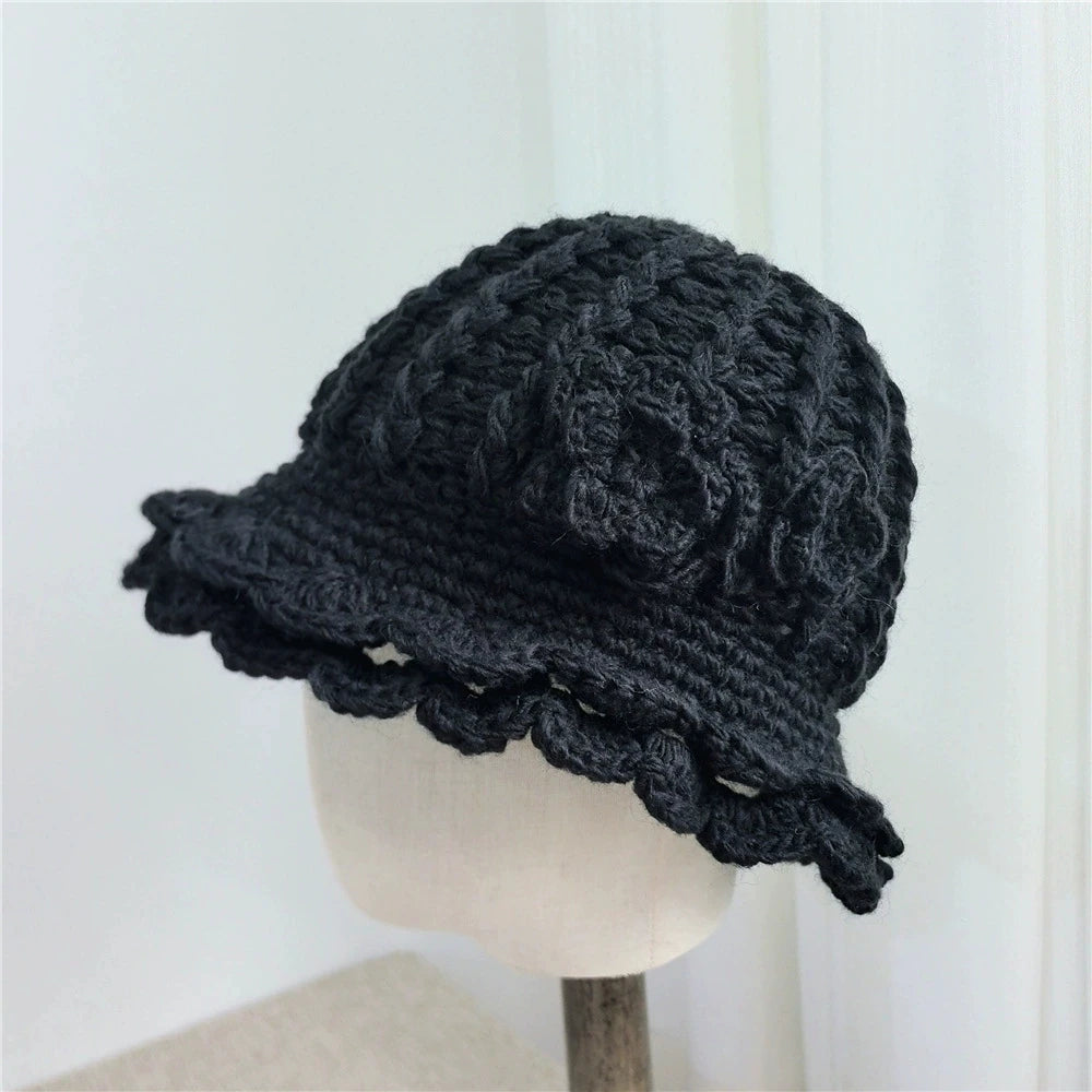Winter Warm Crochet Woolen Flower Bucket Hat