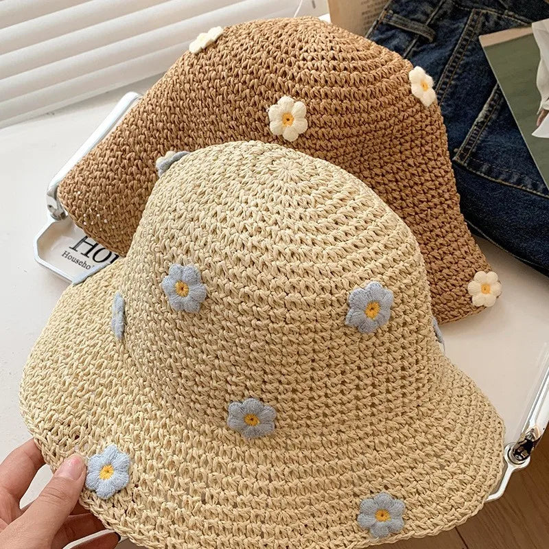Woven Flower Straw Summer Bucket Hat
