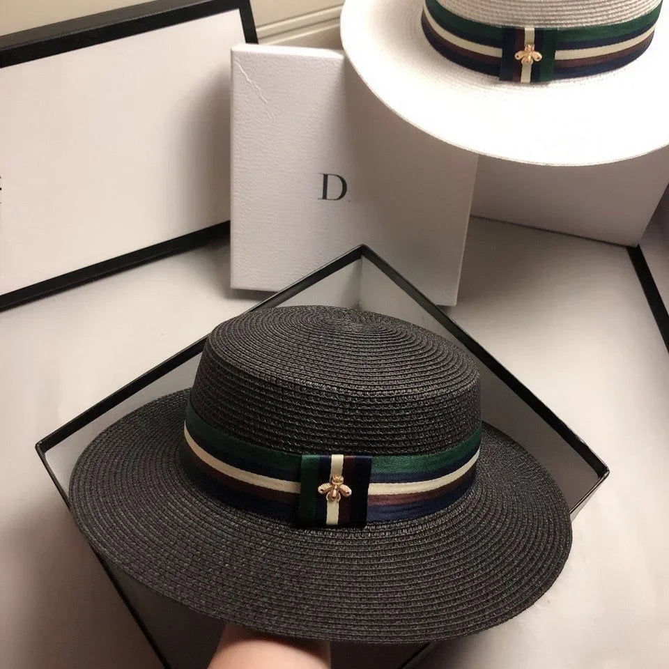 Striped Bee Embroidery Wide Brim Bucket Hat