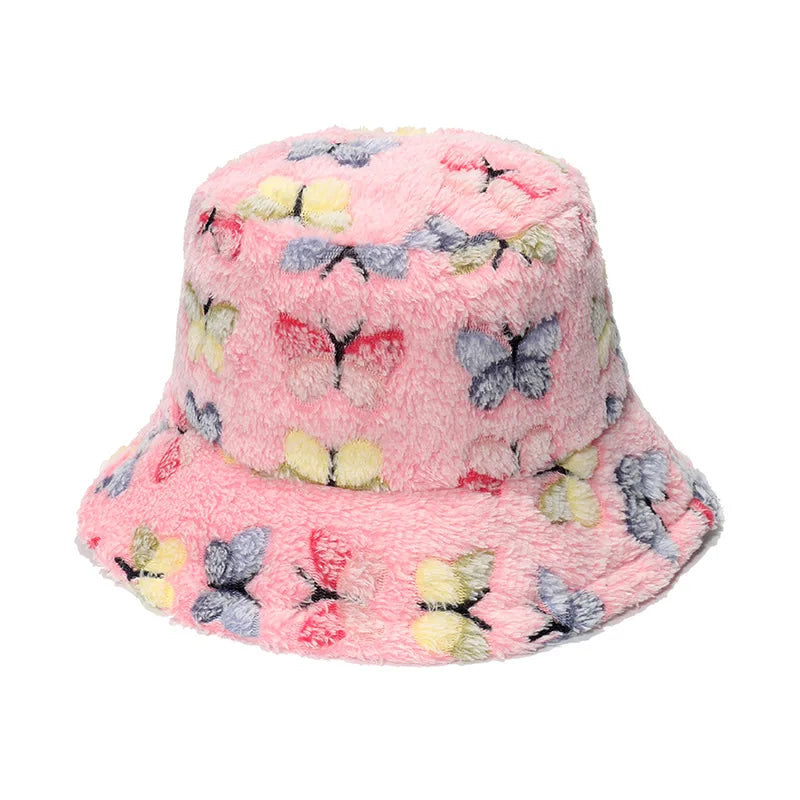 Women Butterfly Fleece Winter Bucket Hat