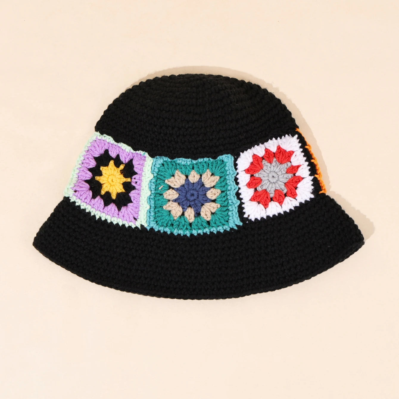 Black Knitted Wide Brim Flower Patch Bucket Hat