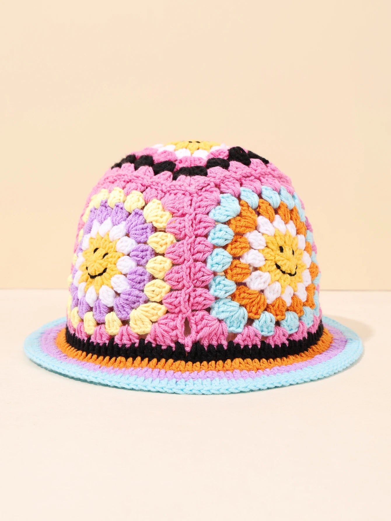 Vintage Smiley Face Patch Crochet Bucket Hat