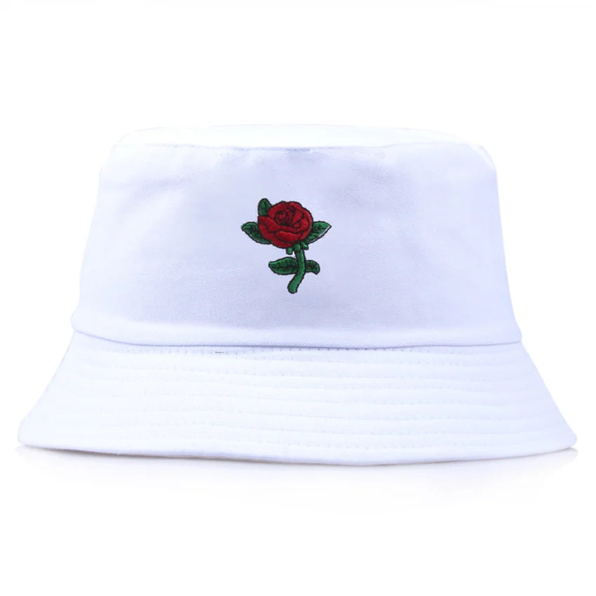Summer Embroidery Rose Cotton Blend Classic Bucket Hat