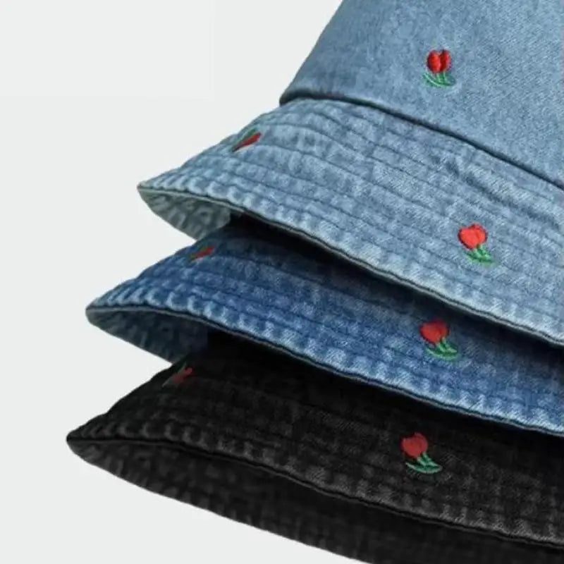 Bucket Hat Women Denim Embroidered Flower Summer Hats