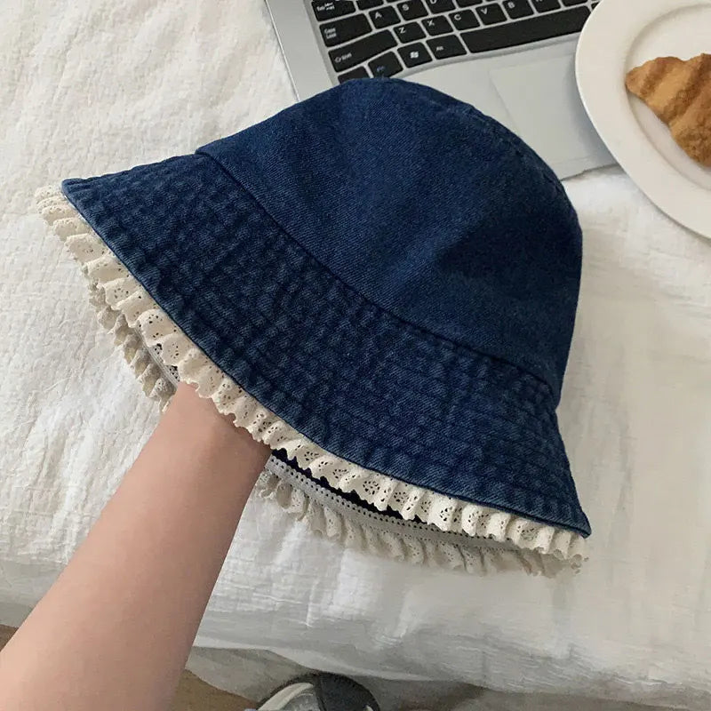 Lace Ruffle Denim Korean Wide Brim Bucket Hat