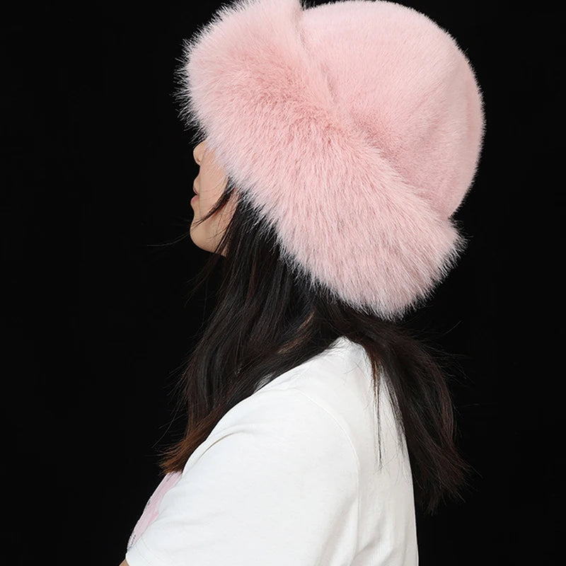 Designer Faux Fur Winter Bucket Hat Women Plush Fisherman Cap