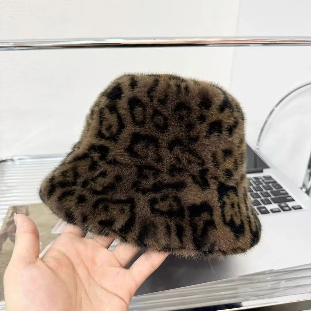 Leopard Print Fur Winter Bucket Hat