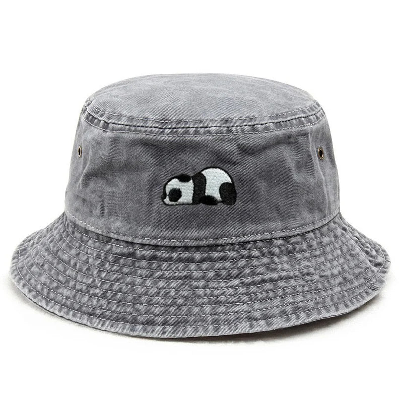 Washed Cotton Panda Embroidery Vintage Bucket Hat