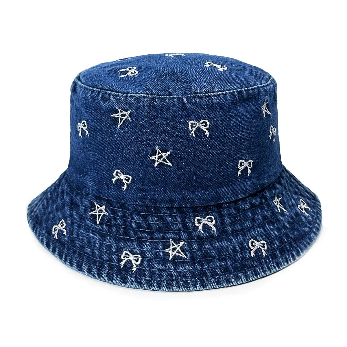 Bow Star Embroidered Denim Bucket Hat