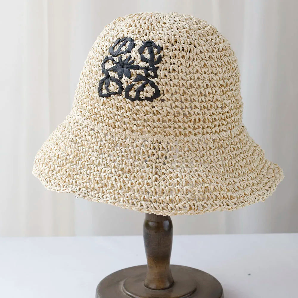 Handmade Letter Embroidery Straw Dome Bucket Hat