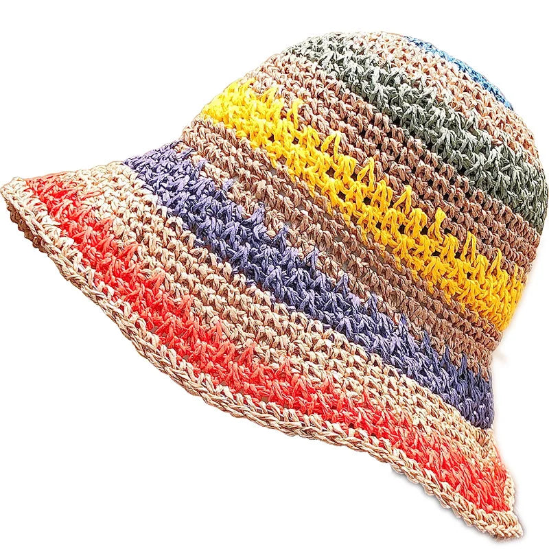 Rainbow Crochet Straw Summer Bucket Hat