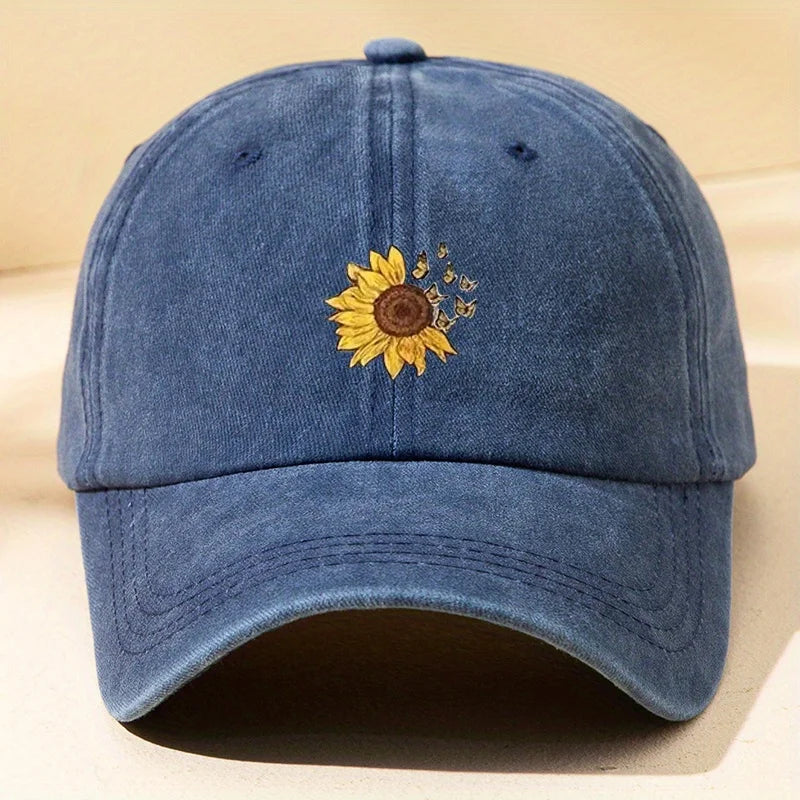 Sunflower Print Retro Washed Baseball Cap