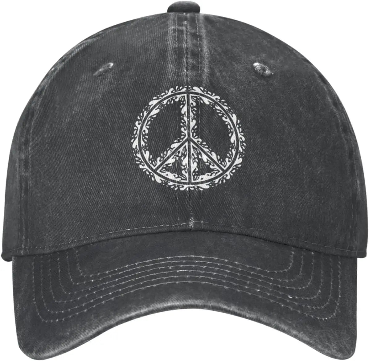 Peace Symbol Distressed Denim Vintage Baseball Cap