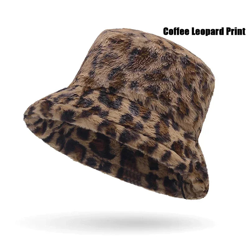 Leopard Print Plush Winter Bucket Hat