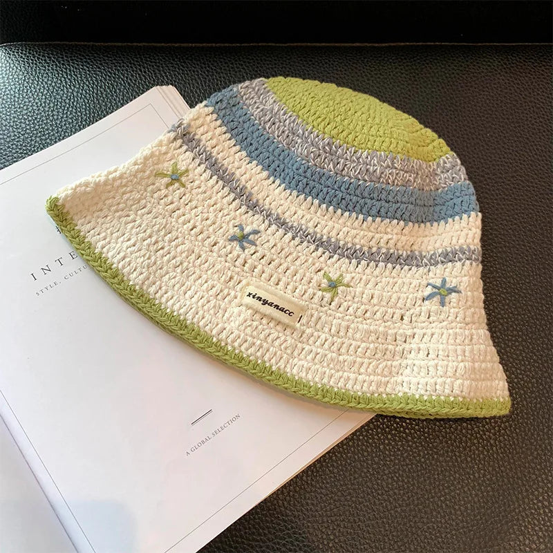 Sweet Cute Striped Flower Large Brim Bucket Hat