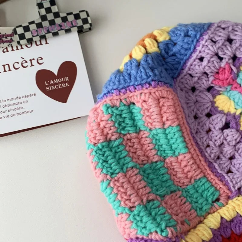 Korean Contrasting Flower Handmade Crochet Bucket Hat