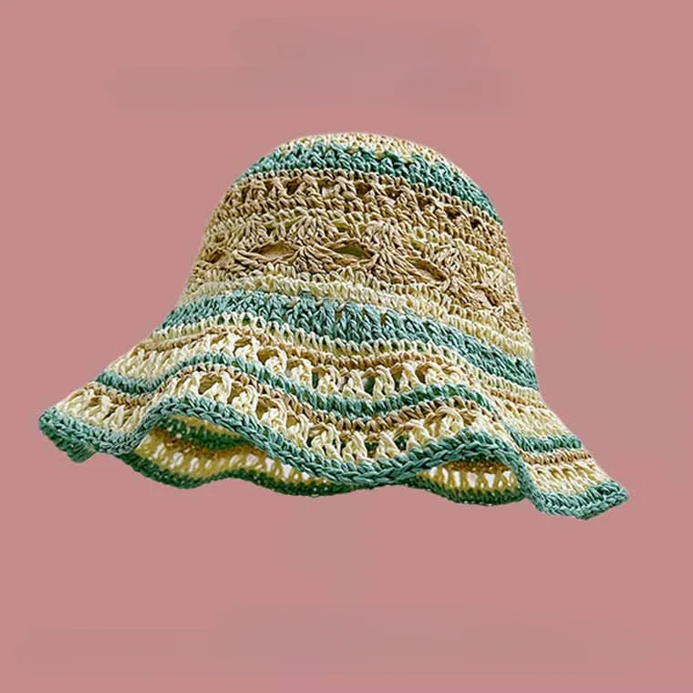 Seaside Colorful Striped Hollow Straw Bucket Hat