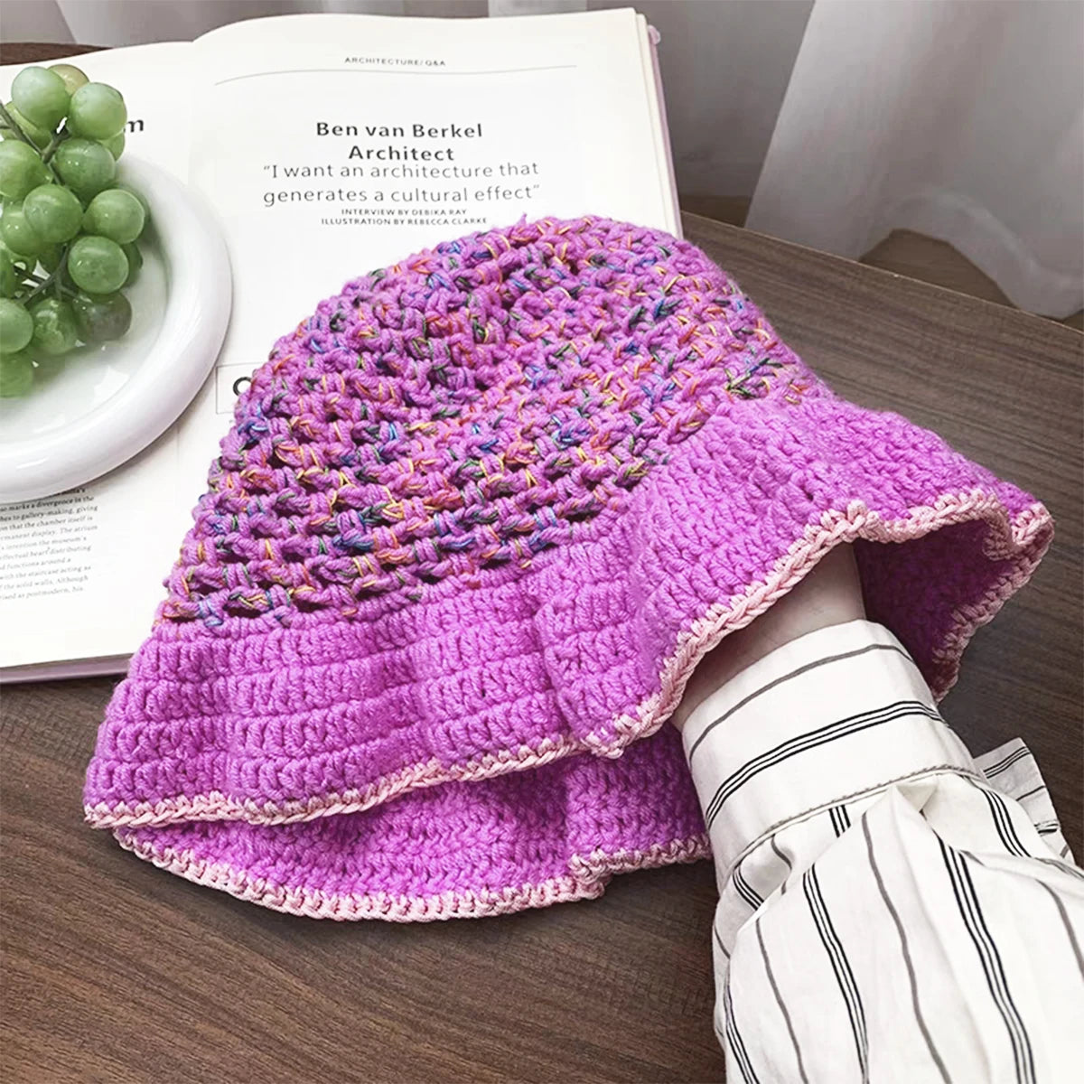 Graceful Lace Colorful Hook Flower Plush Bucket Hat
