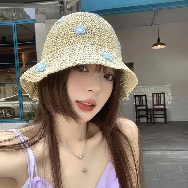 Small Daisy Solid Color Woven Straw Bucket Hat
