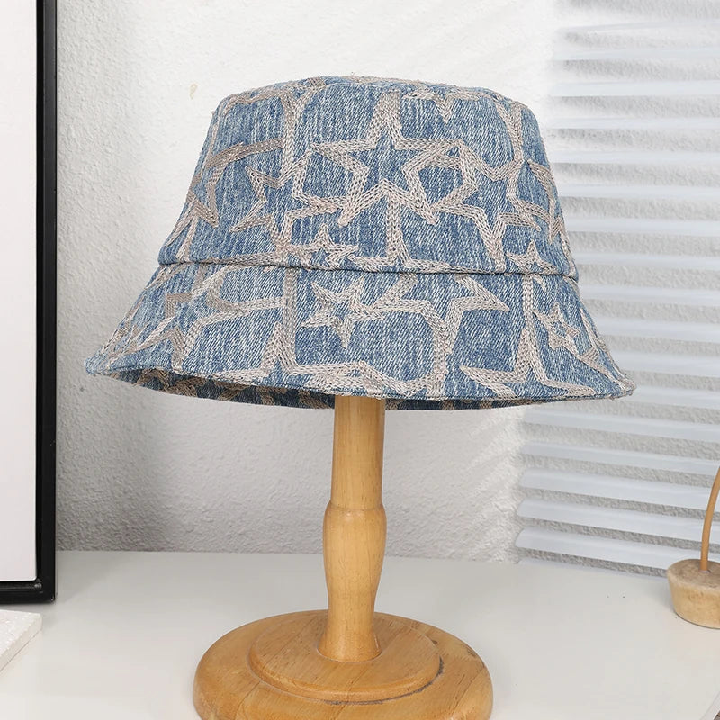 Embroidered Star Washed Denim Bucket Hat