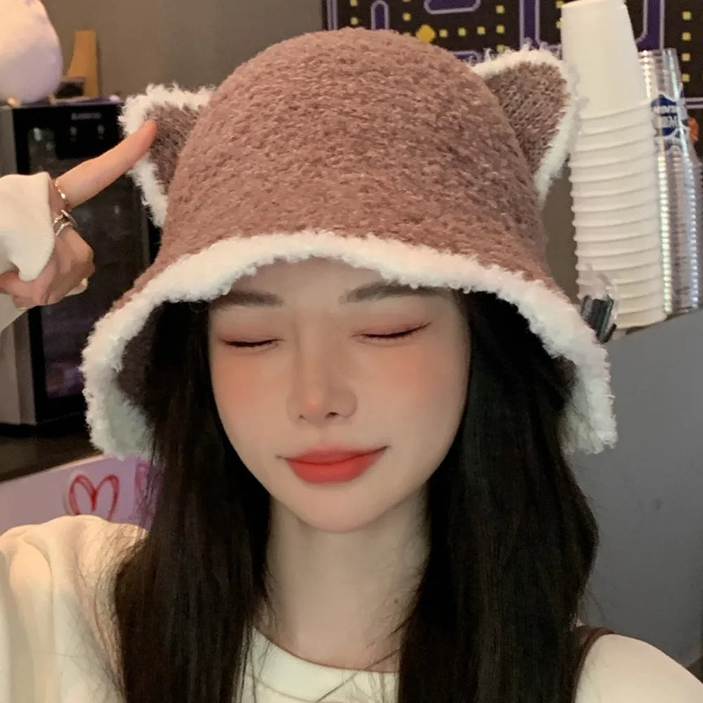 Plush Knit Cat Ears Bucket Hat