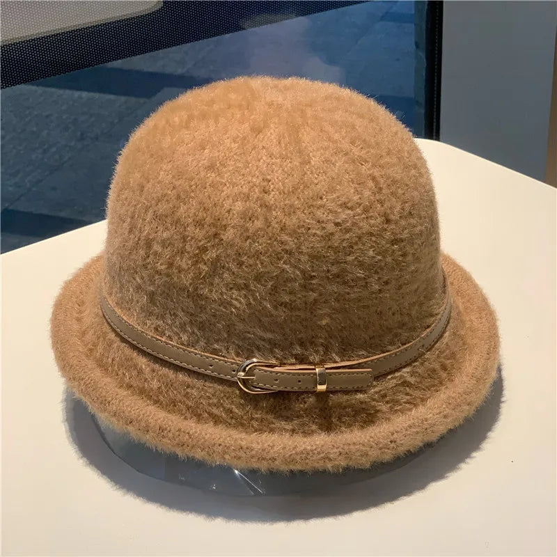 French Style Belt Buckle Wool Bucket Hat