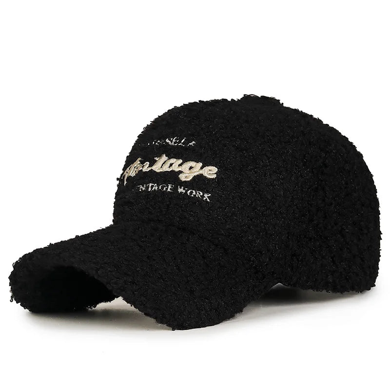 Lamb Plush Warm Embroidered Letter Baseball Hat