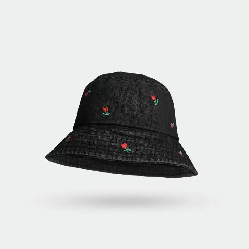 Bucket Hat Women Denim Embroidered Flower Summer Hats