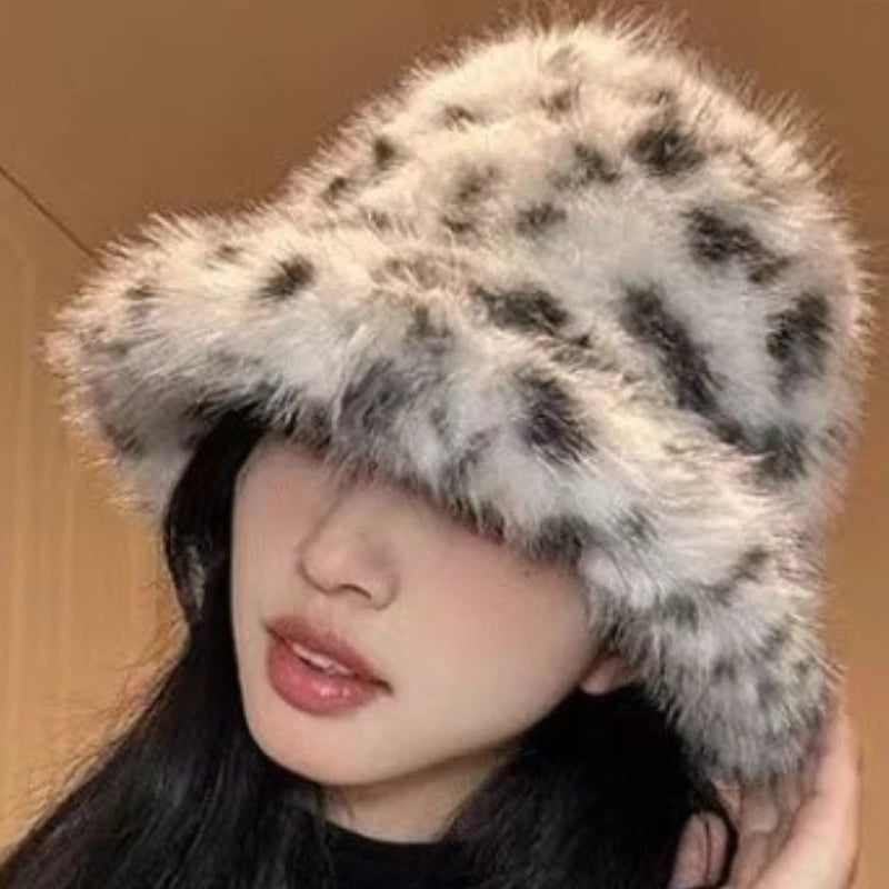 Korean Plush Leopard Faux Fur Bucket Hat