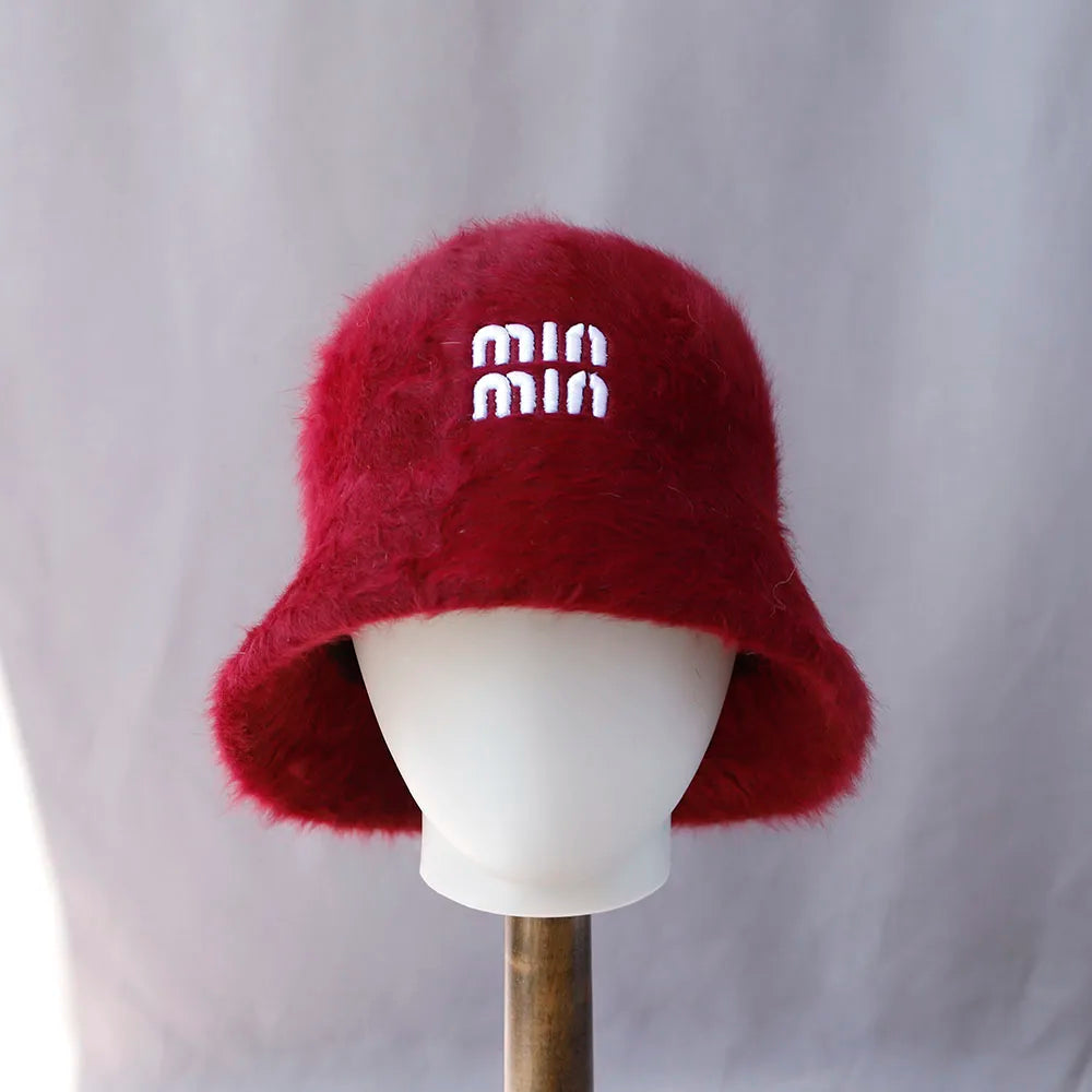 Plush Rabbit Fur Winter Bucket Hat for Women