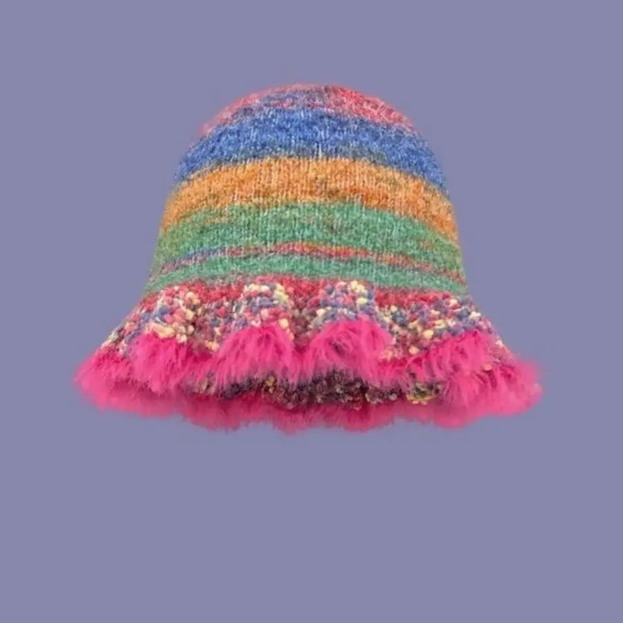 Rainbow Stripe Ruffle Edge Knitted Bucket Hat