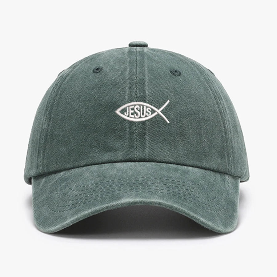 Embroidered Jesus Fish Washed Cotton Baseball Cap