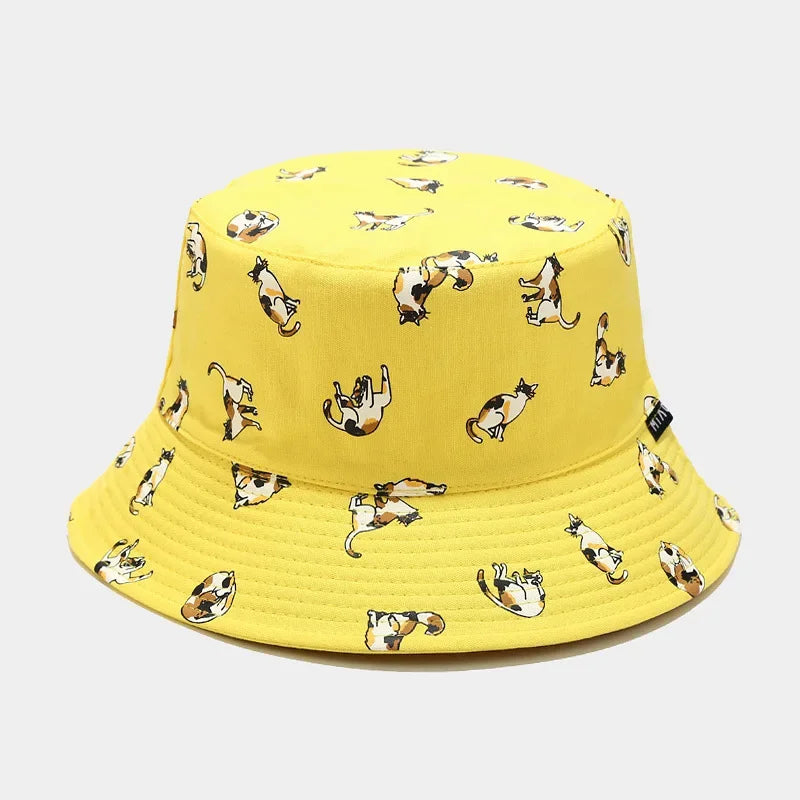 Cartoon Cat Embroidery Cotton Bucket Hat