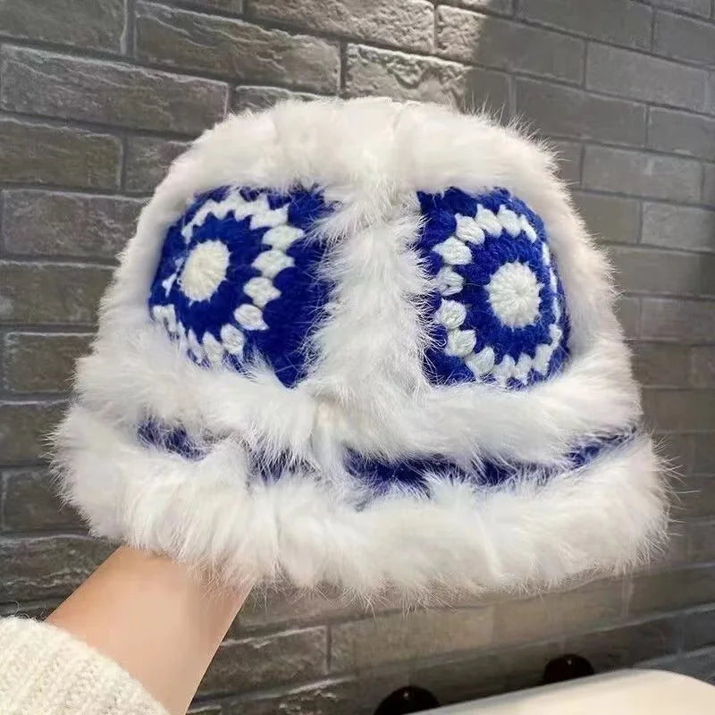 Women Rabbit Fur Crochet Winter Bucket Hat