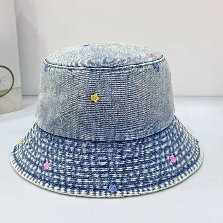 Korean Four Season Denim Flower Embroidered Bucket Hat