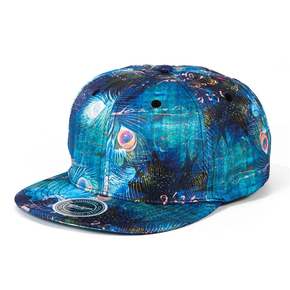 Peafowl Feather Printed Flat Visor Baseball Cap