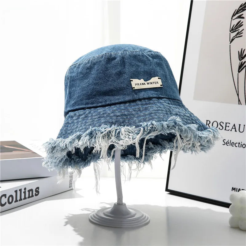 Washed Denim Wide Brim Bucket Hat