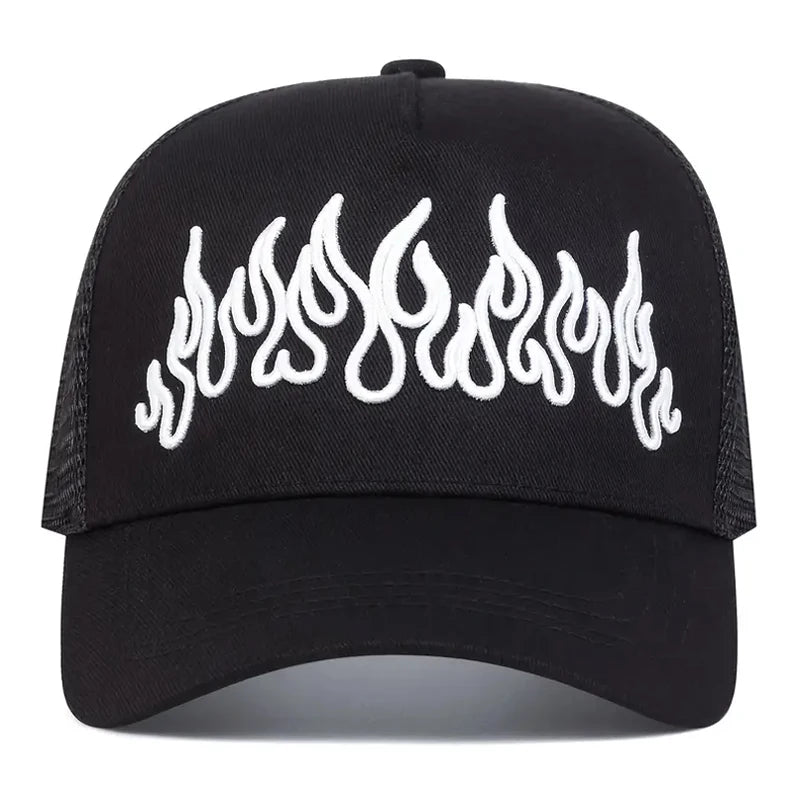Flame Embroidered Mesh Hip Hop Baseball Hat