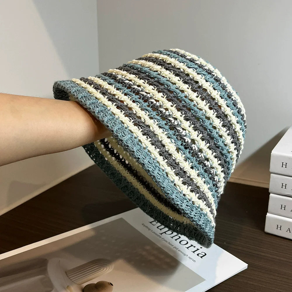 Handmade Stripe Foldable Fashion Straw Bucket Hat