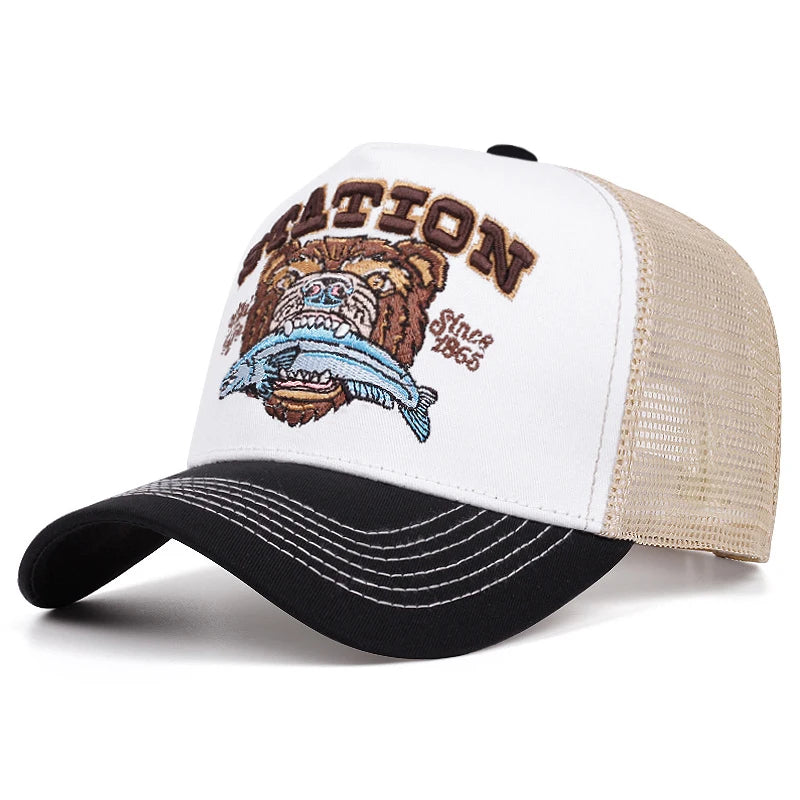 Bear Eating Fish Mesh Hip Hop Baseball Cap