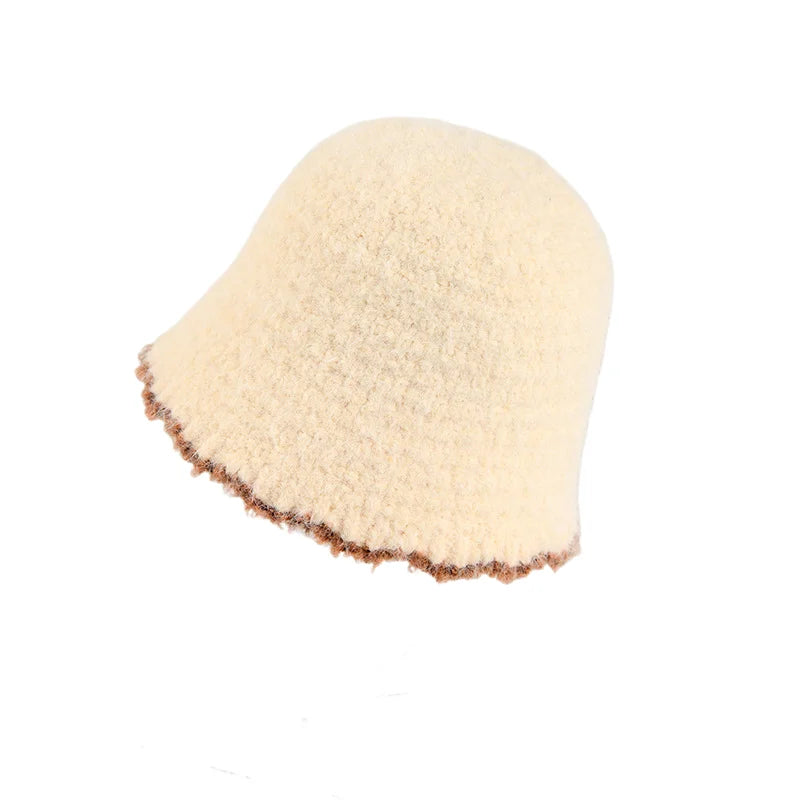 Autumn Winter Knitted Plush Warm Bucket Hat for Women