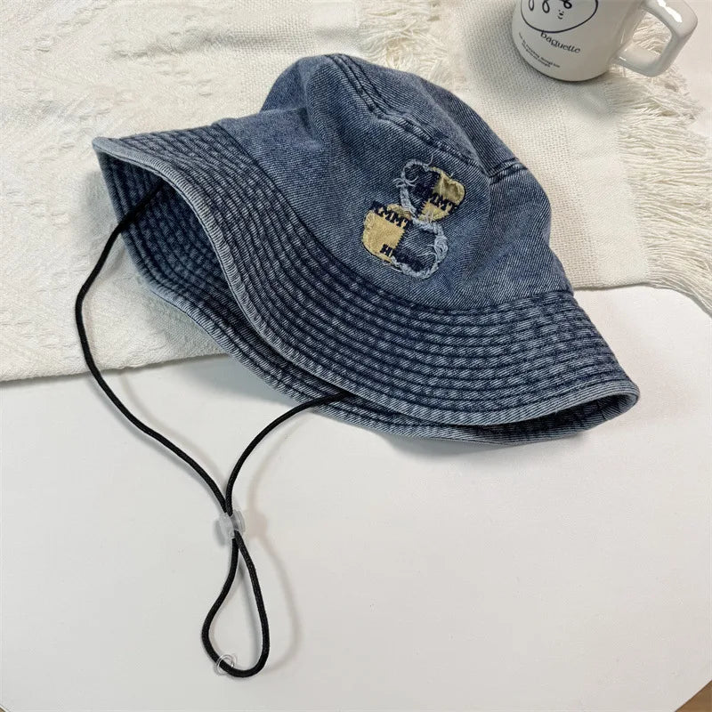 Japanese Style Big Brim Embroidered Denim Bucket Hat