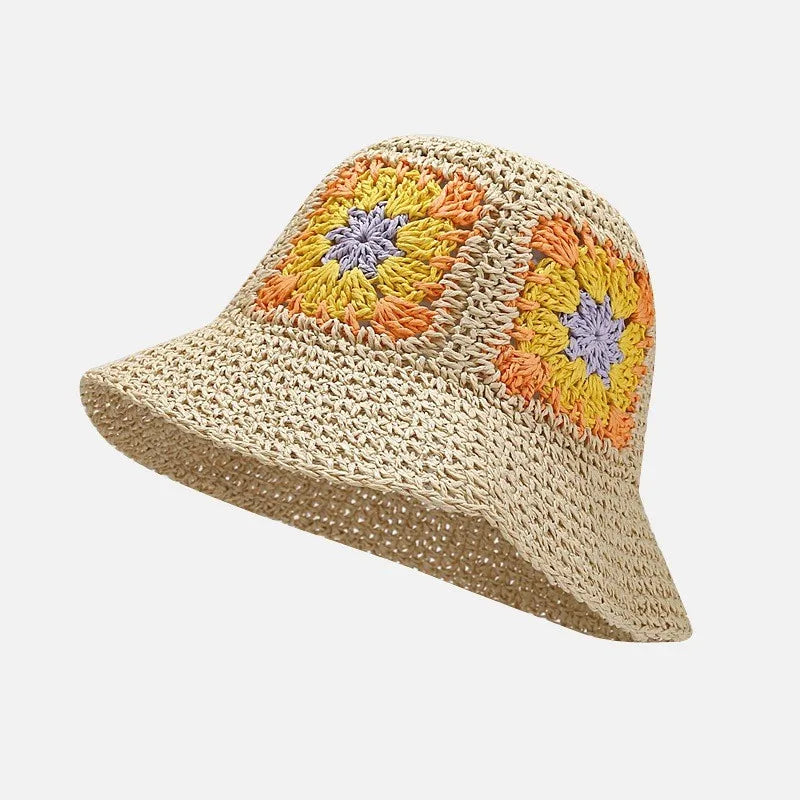 Handmade Crochet Flower Paper Straw Bucket Hat