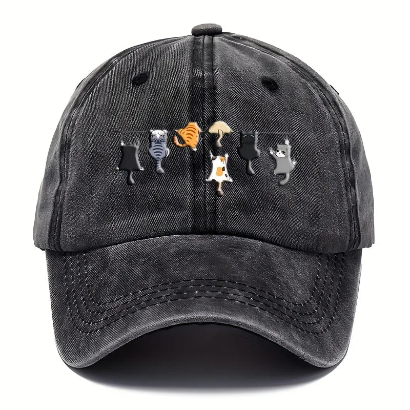 Cute Cat Print Washed Vintage Baseball Cap