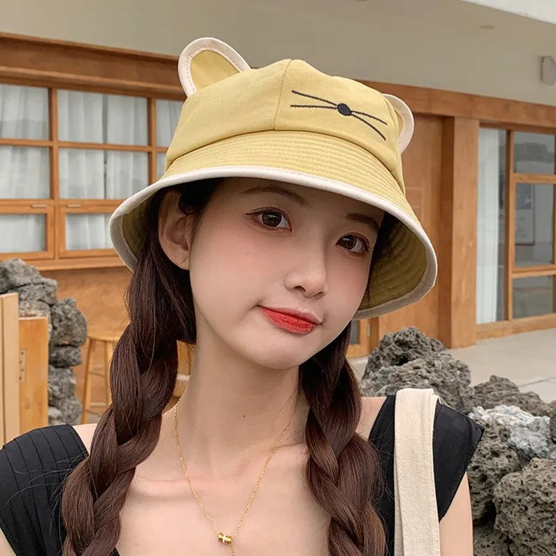 Kawaii Cat Ear Cotton Bucket Hat – Unisex Y2K Summer Cap